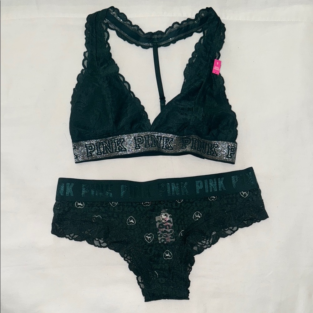 PINK Victoria's Secret Small Green Lace Bralette & Matching Medium Panty BNWT
